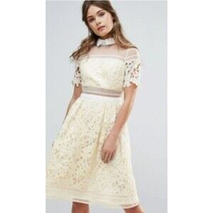 Chi Chi Women’s Lace Organza Inset Collared Dress size 6US/10UK Fairy Romantic